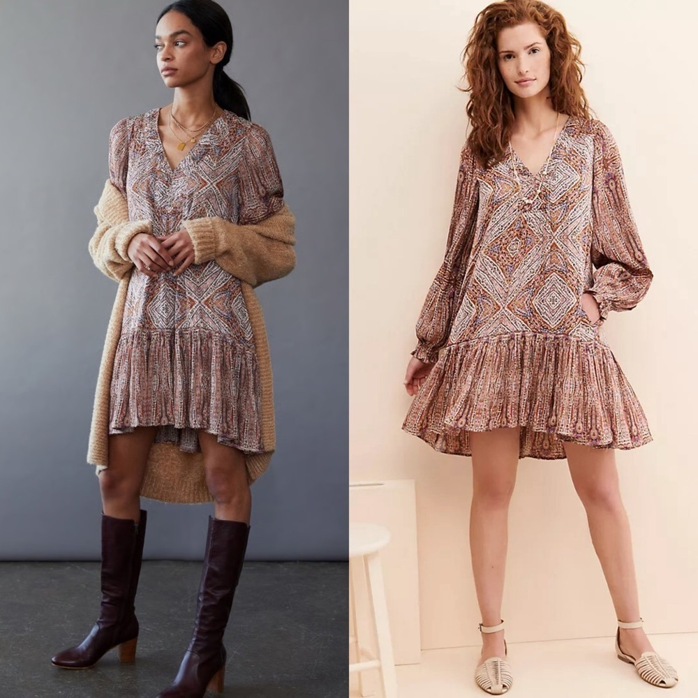 NWT Anthropologie Sabia Flounced Tunic Dress Boho Paisley Neutral | Size SP